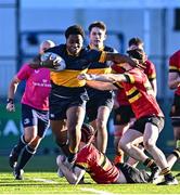 15 January 2025; Sean McGuirk of The King's Hosptial School breaks clear during the Bank of Ireland Leinster Rugby Boys Schools Vinnie Murray Cup quarter-final match between CBC Monkstown and The King’s Hospital School at Energia Park in Dublin. Photo by Tyler Miller/Sportsfile