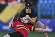 15 January 2025; Billy Hassett of The King's Hosptial School is tackled by Charlie Campbell of CBC Monkstown during the Bank of Ireland Leinster Rugby Boys Schools Vinnie Murray Cup quarter-final match between CBC Monkstown and The King’s Hospital School at Energia Park in Dublin. Photo by Tyler Miller/Sportsfile