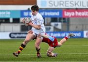 15 January 2025; Daniel Moraghan of Presentation College, Bray is tackled by Finn Walsh of CUS during the Bank of Ireland Leinster Rugby Boys Schools Vinnie Murray Cup quarter-final match between CUS and Presentation College, Bray at Energia Park in Dublin. Photo by Tyler Miller/Sportsfile