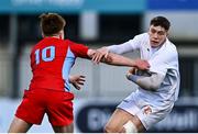 15 January 2025; Sean McDonald of Presentation College, Bray in action against Alex Morley of CUS during the Bank of Ireland Leinster Rugby Boys Schools Vinnie Murray Cup quarter-final match between CUS and Presentation College, Bray at Energia Park in Dublin. Photo by Tyler Miller/Sportsfile