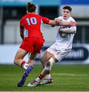 15 January 2025; Sean McDonald of Presentation College, Bray in action against Alex Morley of CUS during the Bank of Ireland Leinster Rugby Boys Schools Vinnie Murray Cup quarter-final match between CUS and Presentation College, Bray at Energia Park in Dublin. Photo by Tyler Miller/Sportsfile