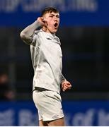 15 January 2025; Sean McDonald of Presentation College, Bray celebrates after his side's victory in the Bank of Ireland Leinster Rugby Boys Schools Vinnie Murray Cup quarter-final match between CUS and Presentation College, Bray at Energia Park in Dublin. Photo by Tyler Miller/Sportsfile