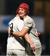 15 January 2025; Alex O'Dowd of Presentation College, Bray, right, and Ronan Hogan celebrate after their side's victory in the Bank of Ireland Leinster Rugby Boys Schools Vinnie Murray Cup quarter-final match between CUS and Presentation College, Bray at Energia Park in Dublin. Photo by Tyler Miller/Sportsfile