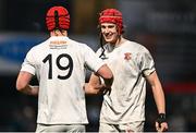 15 January 2025; Alex O'Dowd of Presentation College, Bray, right, and Ronan Hogan celebrate after their side's victory in the Bank of Ireland Leinster Rugby Boys Schools Vinnie Murray Cup quarter-final match between CUS and Presentation College, Bray at Energia Park in Dublin. Photo by Tyler Miller/Sportsfile