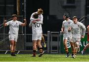 15 January 2025; The Presentation College, Bray celebrate after scoring a late try during the Bank of Ireland Leinster Rugby Boys Schools Vinnie Murray Cup quarter-final match between CUS and Presentation College, Bray at Energia Park in Dublin. Photo by Tyler Miller/Sportsfile