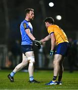 15 January 2025; Senan Forker of UCD with Ronan Gallagher of DCU Dóchas Éireann after the Electric Ireland Higher Education GAA Sigerson Cup Round 2 match between UCD and DCU at Billings Park in Belfield, Dublin. Photo by Ben McShane/Sportsfile