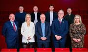 16 January 2025; In attendance are, front row from left, Michael Bond, Bríd Stack, Ard Stiúrthóir TG4 Alan Esslemont, Uachtarán Chumann Lúthchleas Gael Jarlath Burns, and Ursula Jacob, back row from left, Pádraic Maher, Ronan Clarke, Eamon McGee and Ben O'Connor during the launch of TG4's award-winning Laochra Gael series at the Light House Cinema in Dublin. The Gaelic sport biography series returns with eight new GAA legends profiled for Season 23. Photo by Seb Daly/Sportsfile