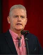 16 January 2025; MC Brian Tyres speaking at the launch of TG4's award-winning Laochra Gael series at the Light House Cinema in Dublin. The Gaelic sport biography series returns with eight new GAA legends profiled for Season 23. Photo by Tyler Miller/Sportsfile