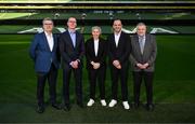 16 January 2025; New Republic of Ireland women's head coach Carla Ward with, from left, FAI chairperson Tony Keohane, FAI chief executive David Courell, FAI chief football officer Marc Canham and FAI president Paul Cooke before a media conference at the Aviva Stadium in Dublin. Photo by Stephen McCarthy/Sportsfile
