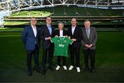 16 January 2025; New Republic of Ireland women's head coach Carla Ward with, from left, FAI chairperson Tony Keohane, FAI chief executive David Courell, FAI chief football officer Marc Canham and FAI president Paul Cooke before a media conference at the Aviva Stadium in Dublin. Photo by Stephen McCarthy/Sportsfile