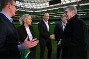 16 January 2025; New Republic of Ireland women's head coach Carla Ward with, from left, FAI chief executive David Courell, FAI chief football officer Marc Canham, FAI president Paul Cooke and FAI chairperson Tony Keohane before a media conference at the Aviva Stadium in Dublin. Photo by Stephen McCarthy/Sportsfile