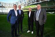16 January 2025; New Republic of Ireland women's head coach Carla Ward with, from left, FAI chairperson Tony Keohane, FAI chief executive David Courell and FAI president Paul Cooke before a media conference at the Aviva Stadium in Dublin. Photo by Stephen McCarthy/Sportsfile