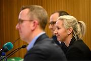 16 January 2025; New Republic of Ireland women's head coach Carla Ward with FAI chief executive David Courell, left, and FAI chief football officer Marc Canham during a media conference at the Aviva Stadium in Dublin. Photo by Stephen McCarthy/Sportsfile