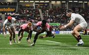 17 January 2025; Paul Brown-Bampoe of Exeter Chiefs dives over to score his side's first try during the Investec Champions Cup Pool 1 match between Ulster and Exeter Chiefs at Kingspan Stadium in Belfast. Photo by Ramsey Cardy/Sportsfile