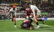 17 January 2025; Paul Brown-Bampoe of Exeter Chiefs dives over to score his side's first try during the Investec Champions Cup Pool 1 match between Ulster and Exeter Chiefs at Kingspan Stadium in Belfast. Photo by Ramsey Cardy/Sportsfile