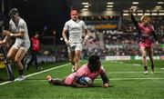 17 January 2025; Paul Brown-Bampoe of Exeter Chiefs after scoring his side's first try during the Investec Champions Cup Pool 1 match between Ulster and Exeter Chiefs at Kingspan Stadium in Belfast. Photo by Ramsey Cardy/Sportsfile
