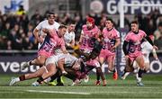 17 January 2025; Paul Brown-Bampoe of Exeter Chiefs is tackled by Jude Postlethwaite of Ulster during the Investec Champions Cup Pool 1 match between Ulster and Exeter Chiefs at the Kingspan Stadium in Belfast. Photo by Ben McShane/Sportsfile