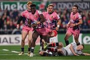 17 January 2025; Paul Brown-Bampoe of Exeter Chiefs is tackled by Mike Lowry of Ulster during the Investec Champions Cup Pool 1 match between Ulster and Exeter Chiefs at Kingspan Stadium in Belfast. Photo by Ramsey Cardy/Sportsfile