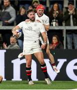 17 January 2025; Ben Carson of Ulster celebrates with teammate Michael Lowry after scoring a try during the Investec Champions Cup Pool 1 match between Ulster and Exeter Chiefs at the Kingspan Stadium in Belfast. Northern Ireland. Photo by John Dickson/Sportsfile