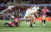 17 January 2025; Cormac Izuchukwu of Ulster is tackled by Martin Moloney of Exeter during the Investec Champions Cup Pool 1 match between Ulster and Exeter Chiefs at the Kingspan Stadium in Belfast. Northern Ireland. Photo by John Dickson/Sportsfile