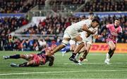 17 January 2025; Cormac Izuchukwu of Ulster is tackled by Martin Moloney of Exeter during the Investec Champions Cup Pool 1 match between Ulster and Exeter Chiefs at the Kingspan Stadium in Belfast. Northern Ireland. Photo by John Dickson/Sportsfile