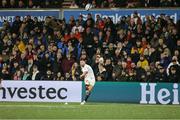 17 January 2025; John Cooney of Ulster kicks a conversion during the Investec Champions Cup Pool 1 match between Ulster and Exeter Chiefs at the Kingspan Stadium in Belfast. Northern Ireland. Photo by John Dickson/Sportsfile