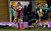18 January 2025; Calvin Nash of Munster celebrates with teammate Fineen Wycherley, right, after scoring their side's first try during the Investec Champions Cup Pool 3 match between Northampton Saints and Munster at cinch Stadium at Franklins Gardens in Northampton, England. Photo by Matt Impey/Sportsfile
