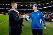 18 January 2025; Sam Prendergast of Leinster and Leinster assistant coach Tyler Bleyendaal after the Investec Champions Cup Pool 2 match between Leinster and Bath at the Aviva Stadium in Dublin. Photo by Brendan Moran/Sportsfile