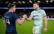18 January 2025; Garry Ringrose of Leinster and Ross Molony of Bath after the Investec Champions Cup Pool 2 match between Leinster and Bath at the Aviva Stadium in Dublin. Photo by Brendan Moran/Sportsfile