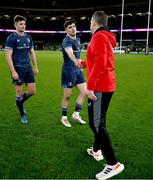 18 January 2025; Bath head coach Johann van Graan shakes hands with Jimmy O'Brien of Leinster after the Investec Champions Cup Pool 2 match between Leinster and Bath at the Aviva Stadium in Dublin. Photo by Brendan Moran/Sportsfile