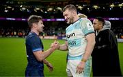 18 January 2025; Luke McGrath of Leinster and Ross Molony of Bath after the Investec Champions Cup Pool 2 match between Leinster and Bath at the Aviva Stadium in Dublin. Photo by Brendan Moran/Sportsfile