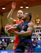 18 January 2025; Patrick Robinson of UCC Demons in action against Paul Dick of Killester during the Basketball Ireland Men's Pat Duffy National Cup final match between Killester and UCC Demons at the National Basketball Arena in Tallaght, Dublin. Photo by Shauna Clinton/Sportsfile