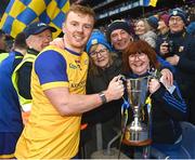 19 January 2025; Conor McHugh of Na Fianna celebrates with his mother Noreen McHugh, left, and Síle Burke after the AIB GAA Hurling All-Ireland Senior Club Championship final match between Na Fianna and Sarsfields at Croke Park in Dublin. Photo by Daire Brennan/Sportsfile