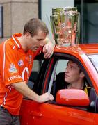 1 September 2004; Kilkenny captain Martin Comerford and Cork captain Ben O'Connor, left, at a media conference ahead of the All-Ireland hurling final. The winners get aToyota Corolla and the runners up get a Toyota Yaris as part of Toyota's status as &quot;Official Car to the GAA&quot;. Toyota Motor Centre, Ballsbridge, Dublin. Picture credit; Brendan Moran / SPORTSFILE