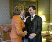 1 September 2004; President of Ireland, Mary McAleese greets Irish showjumper and Gold Medallist Cian O'Connor, in the company of William O'Brien, Chef de Mission, at a reception, held in Aras an Uachtarain, in honour of the Irish team's achievement at the 2004 Olympic Games in Athens recently. Picture credit; Brendan Moran / SPORTSFILE