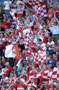 29 August 2004; Derry fans cheer their side on during the game. Bank of Ireland Senior Football Championship Semi-Final, Derry v Kerry, Croke Park, Dublin. Picture credit; Ray McManus / SPORTSFILE