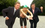 2 September 2004; Future Irish sports stars and young olympic hopeful Barry Murphy, from DCU, with former World Athletics Champion Eamon Coghlan, left, and Bill Cullen, Renault Chairman, right, reflected in his goggles at the announcement of one of the largest corporate investments, by Renault, in third level sports scholarships in the country. Shelbourne Hotel, Dublin. Picture credit; Pat Murphy / SPORTSFILE