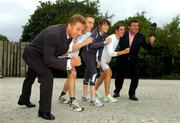 2 September 2004; Former World Athletics Champion Eamon Coghlan with Renault Chairman Bill Cullen and future Irish sports stars and young olympic hopefuls, left to right,  Darragh Greene, Tracey Williams and Colin Costello, from DCU, at the announcement of one of the largest corporate investments, by Renault, in third level sports scholarships in the country. Shelbourne Hotel, Dublin. Picture credit; Pat Murphy / SPORTSFILE