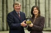 2 September 2004; Former Kerry great Donie O'Sullivan, renowned for his accurate and distance kicking skills, was today inducted into the MBNA Kick Fada Hall of Fame. He is pictured with Ciara Kennedy, Head of Business Development, MBNA Bank.The MBNA Kick Fada Hall of Fame, an element of the Kick Fada competition, honours the greatest distance and most accurate kickers in Gaelic Football down through the years. The 2004 MBNA Kick Fada All-Ireland Final will be hosted by Bray Emmets GAA Club, Co. Wicklow on Saturday, September 18th. MBNA, St. Stephens Green, Dublin. Picture credit; Brendan Moran / SPORTSFILE