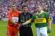 29 August 2004; Kerry captain Dara O'Cinneide shakes hands with Derry captain Sean Martin Lockhart in the company of match referee Brian White before the start of the match. Bank of Ireland Senior Football Championship Semi-Final, Derry v Kerry, Croke Park, Dublin. Picture credit; Brian Lawless / SPORTSFILE
