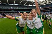 29 September 2013; Offaly's Kym Furey, left, Niamh Malone and Ciara McCormack, right, celebrate after the game. TG4 All-Ireland Ladies Football Junior Championship Final, Offaly v Wexford, Croke Park, Dublin. Photo by Sportsfile