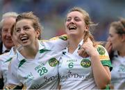29 September 2013; Offaly's Katie Killeen, left, and Hannah McMahon celebrate after the game. TG4 All-Ireland Ladies Football Junior Championship Final, Offaly v Wexford, Croke Park, Dublin. Picture credit: Brendan Moran / SPORTSFILE
