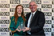 29 September 2013; Miréad Daly, Offaly, is presented with the player of the match award by Pádhraic Ó Ciardha, TG4. TG4 All-Ireland Ladies Football Junior Championship Final, Offaly v Wexford, Croke Park, Dublin. Photo by Sportsfile