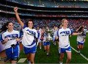 29 September 2013; Cavan's Rosie Crowe, left, and Ailish Cornyn celebrate with the Mary Quinn Memorial cup after the game. TG4 All-Ireland Ladies Football Interrmediate Championship Final, Cavan v Tipperary, Croke Park, Dublin. Photo by Sportsfile