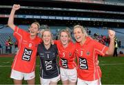 29 September 2013; Cork players, from left, Juliet Murphy, Elanie Harte, Briege Corkery and Bríd Stack celebrate after the game. TG4 All-Ireland Ladies Football Senior Championship Final, Cork v Monaghan, Croke Park, Dublin. Picture credit: Ray McManus / SPORTSFILE