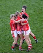 29 September 2013; Cork players, from left, Briege Corkery, Juliet Murphy, Doireann O'Sullivan and Geraldine O'Flynn celebrate after the game. TG4 All-Ireland Ladies Football Senior Championship Final, Cork v Monaghan, Croke Park, Dublin. Picture credit: Ray McManus / SPORTSFILE