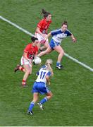 29 September 2013; Geraldine O'Flynn, Cork, on her way to scoring a point despite the efforts of Caoimhe Mohan, 11, and Laura McEnaney, Monaghan. TG4 All-Ireland Ladies Football Senior Championship Final, Cork v Monaghan, Croke Park, Dublin. Picture credit: Ray McManus / SPORTSFILE