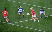 29 September 2013; Ciara O'Sullivan, supported by Orlagh Farmer, Cork, prepares to take a ahot past Eileen McElroy, left, and Sharon Courtney, Monaghan. TG4 All-Ireland Ladies Football Senior Championship Final, Cork v Monaghan, Croke Park, Dublin. Picture credit: Ray McManus / SPORTSFILE