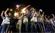 29 September 2013; Clare players celebrate on stage during the homecoming celebrations of the All-Ireland Senior Hurling Champions. Tim Smythe Park, Ennis, Co. Clare. Picture credit: Diarmuid Greene / SPORTSFILE