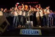 29 September 2013; The Liam MacCarthy cup sits on stage alongside a commemorative sign as Clare players celebrate on stage during the homecoming celebrations of the All-Ireland Senior Hurling Champions. Tim Smythe Park, Ennis, Co. Clare. Picture credit: Diarmuid Greene / SPORTSFILE